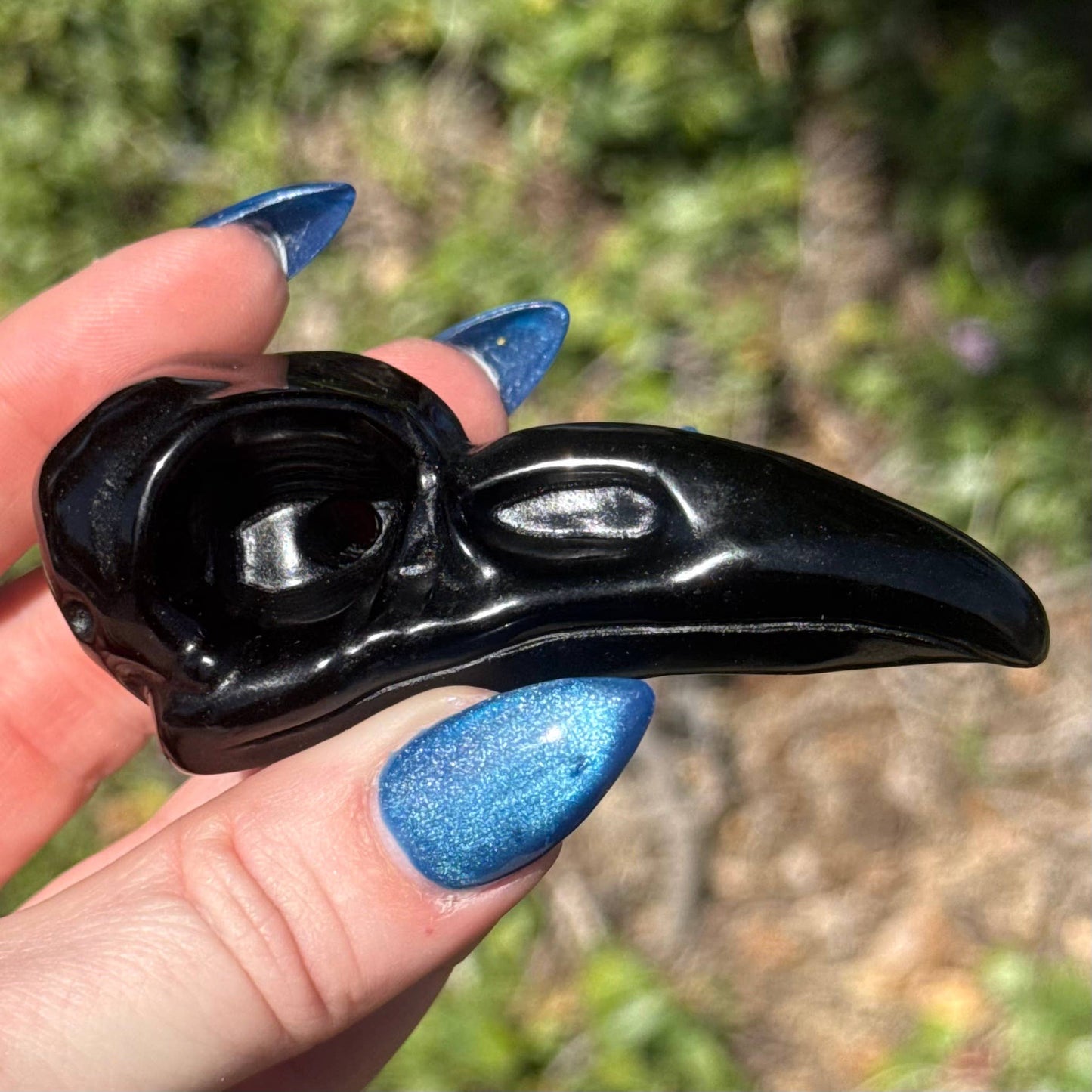 Obsidian Raven Skull Carving - Large