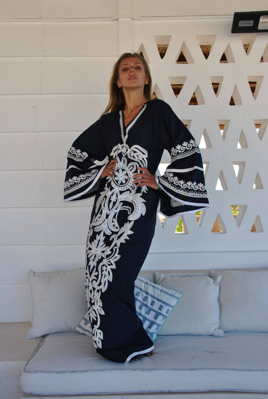 Stunning Navy Blue Embroidered Caftan, Wide Sleeve Caftan: M