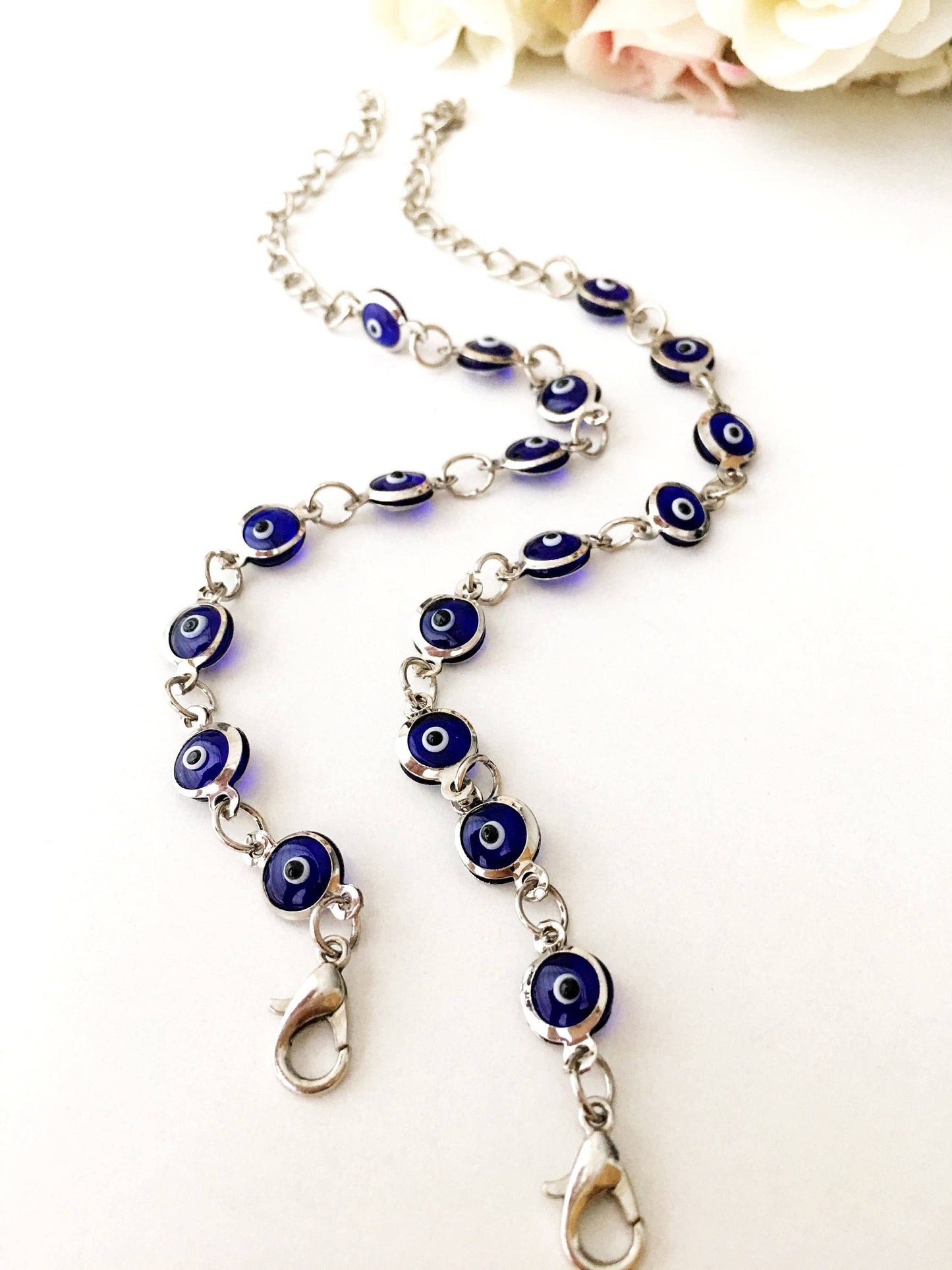 Silver Chain Bracelet, Glass Evil Eye Charm Bracelet, Greek Jewelry