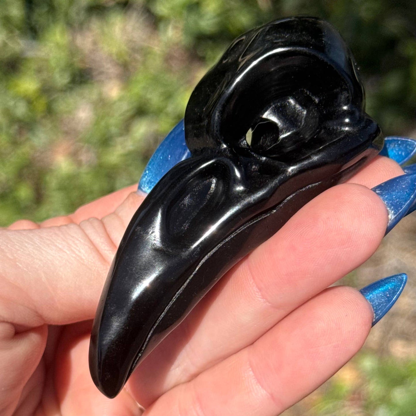 Obsidian Raven Skull Carving - Large