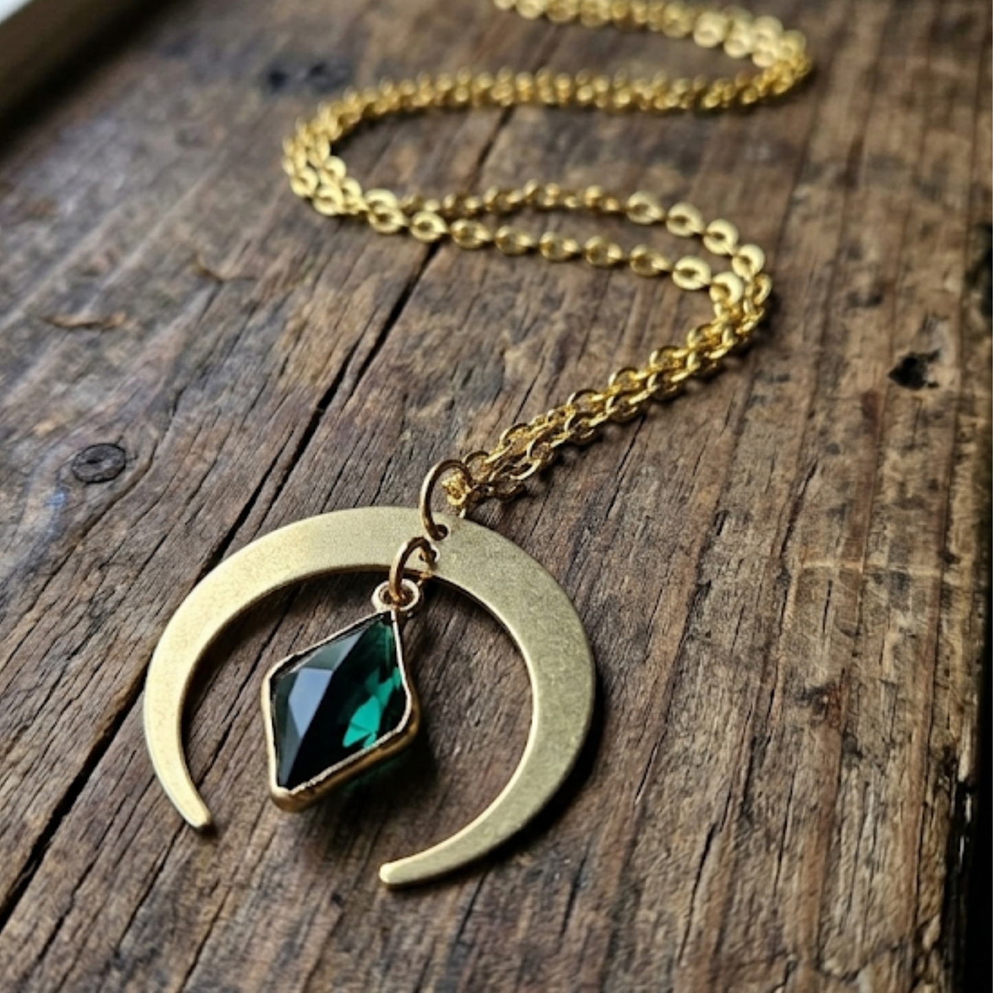 Evergreen Crescent Moon Crystal Necklace