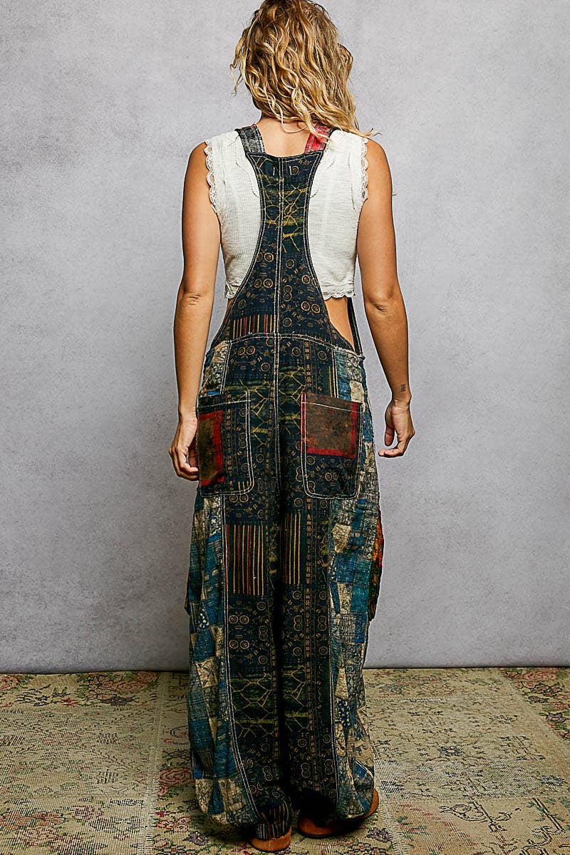 Boho Exaggerated Pocket Vintage Print Jogger Fit Overalls