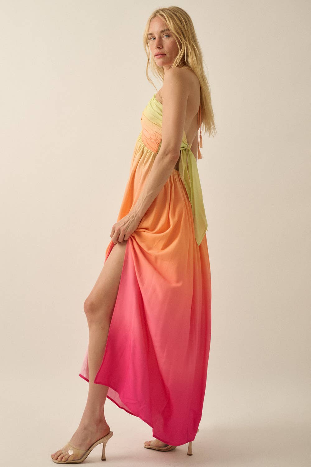 Ombre Crepe Tie-Back Halter Pocket Maxi Dress