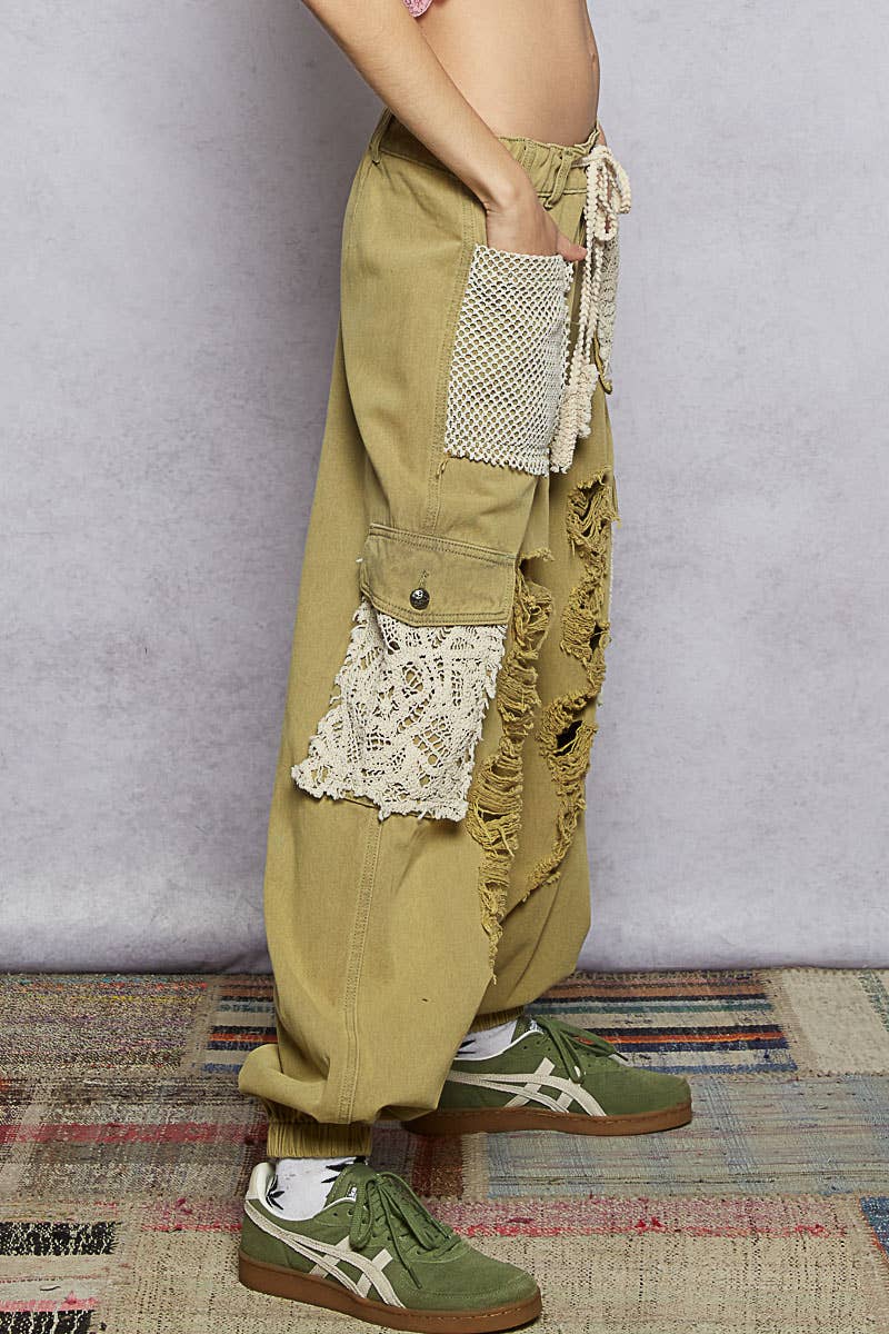 Vintage Wash Crochet Patches Distress Jogger Pants CAMO