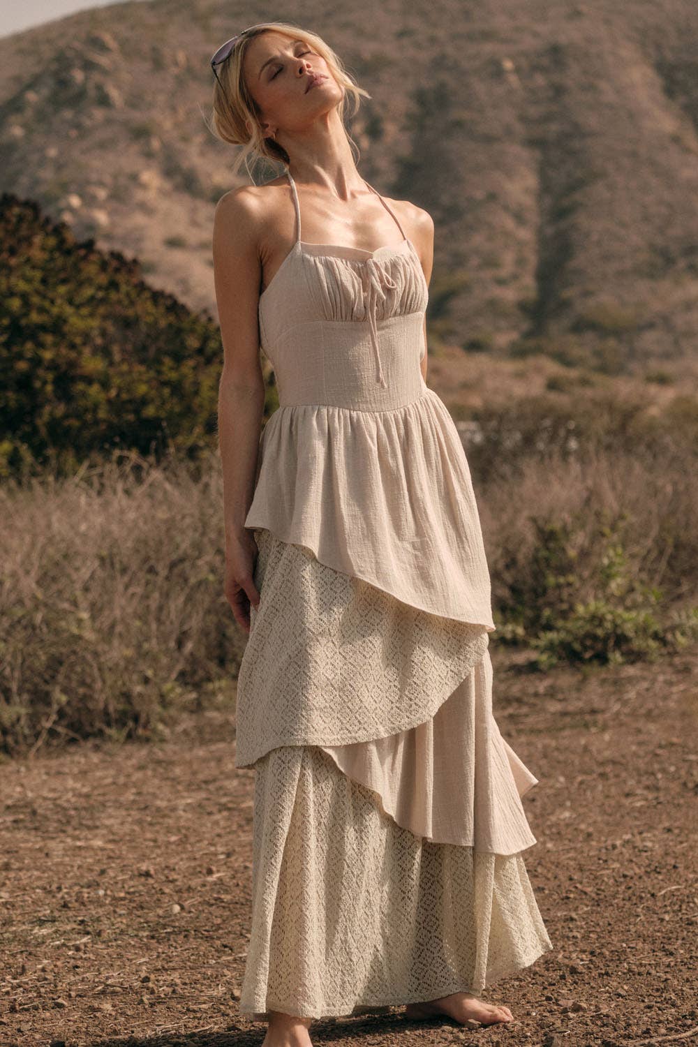 Cotton Gauze and Lace Asymmetrical Tiered Halter Maxi Dress