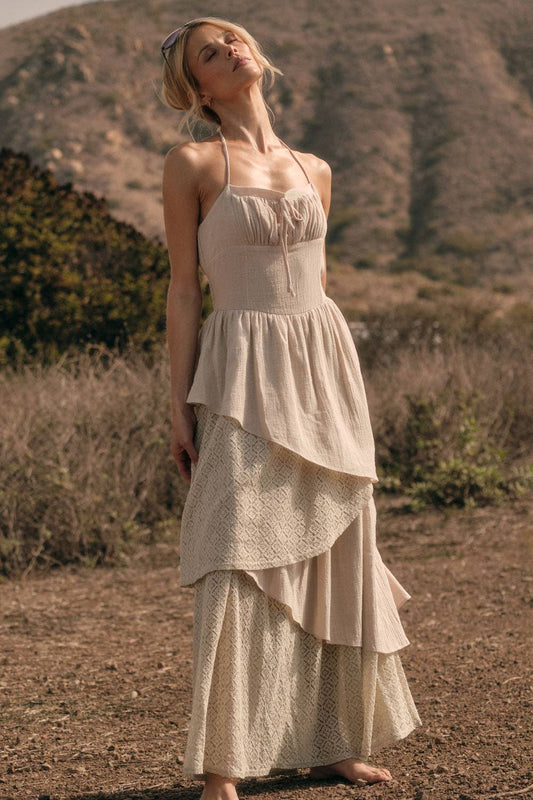 Cotton Gauze and Lace Asymmetrical Tiered Halter Maxi Dress