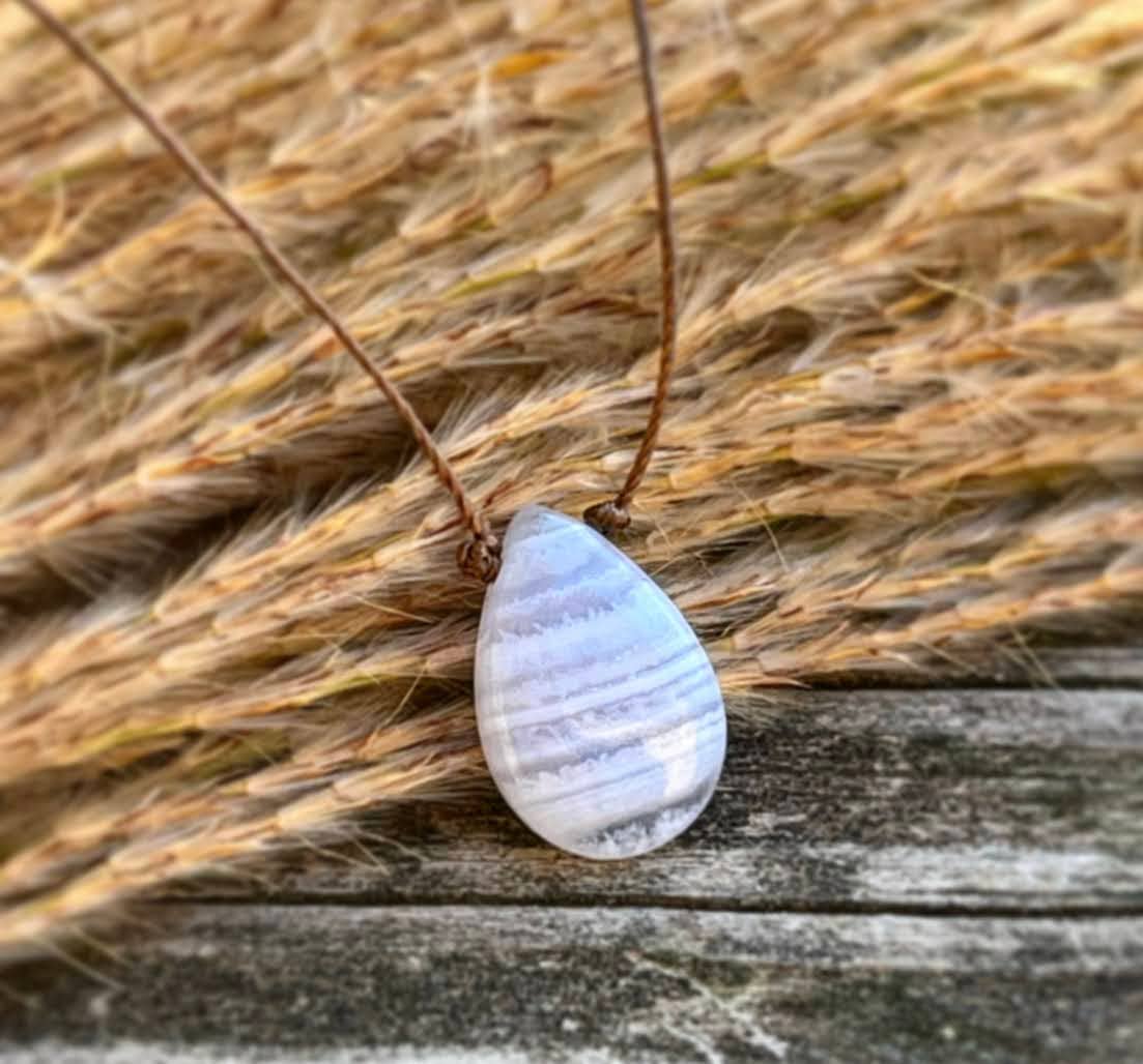 Blue Lace Agate Smooth Teardrop Cord Necklace : 16, 18, 20 inches