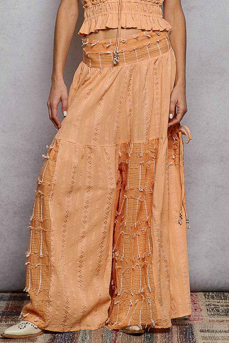 Boho Ruffle Contrast Shell Trim Wide Leg Pants