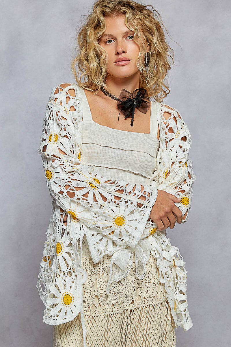 Long sleeve V neck crochet knit open cardigan