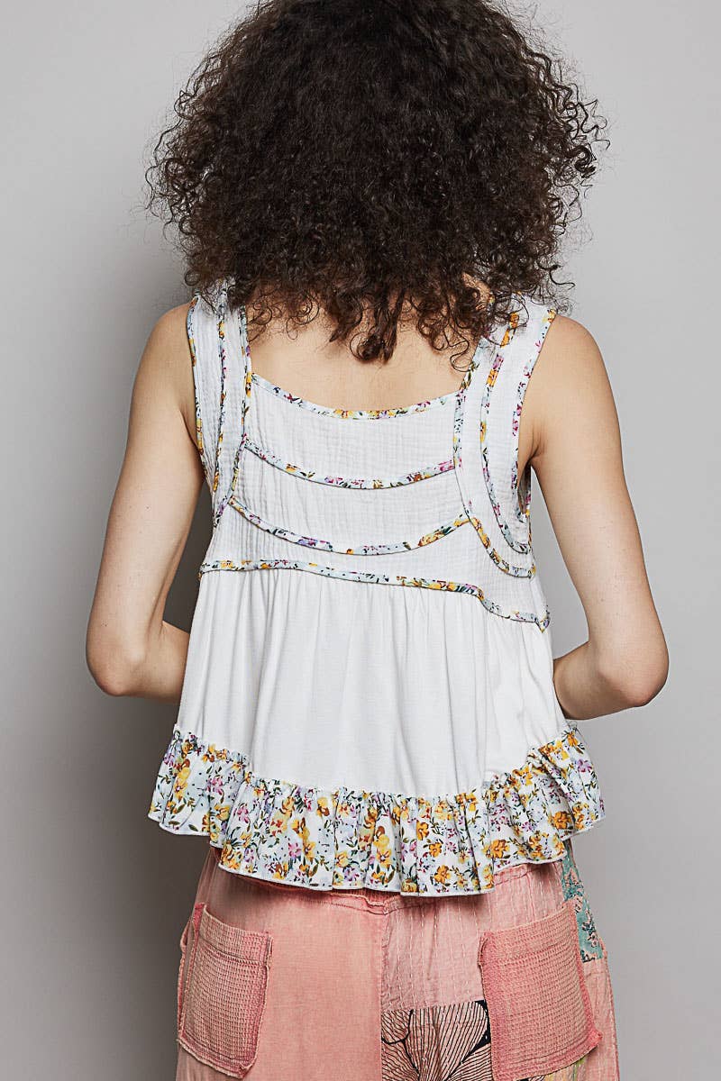 Square Neck Soft POL Jersey Floral Trim Boho Tank Top