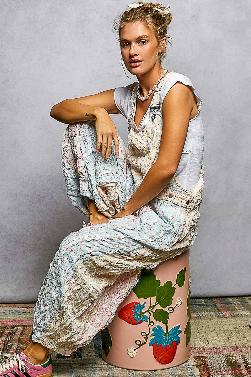Boho Floral Print Lace Trim Woven Front Zip Overall