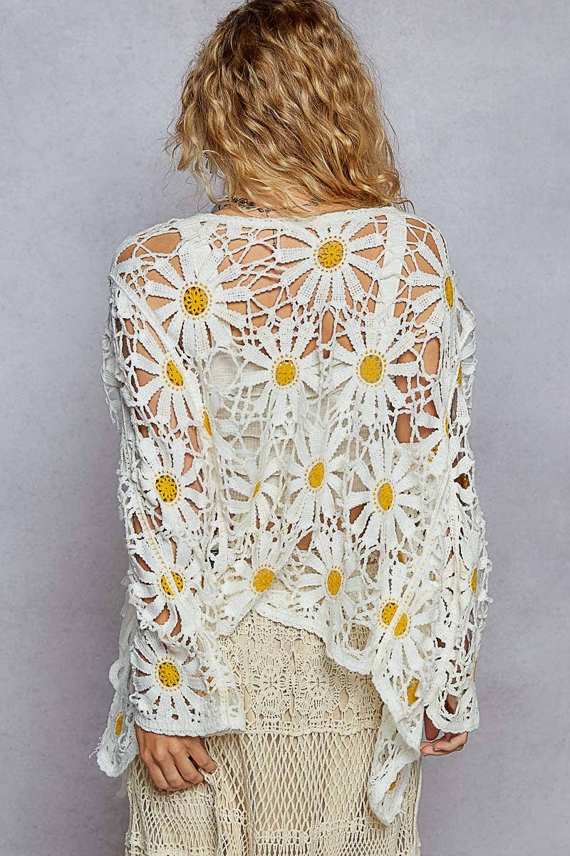 Long sleeve V neck crochet knit open cardigan