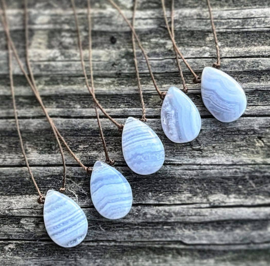 Blue Lace Agate Smooth Teardrop Cord Necklace : 16, 18, 20 inches