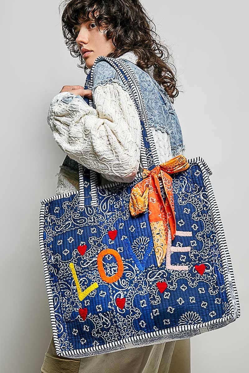 Quilted Indigo Paisley LOVE Tote Bag