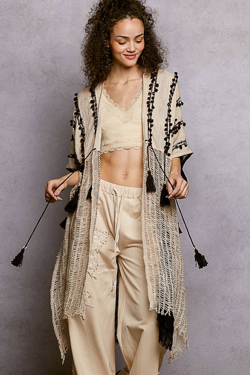 Boho Embroidered Cotton Tassel Loop Midi Cardigan