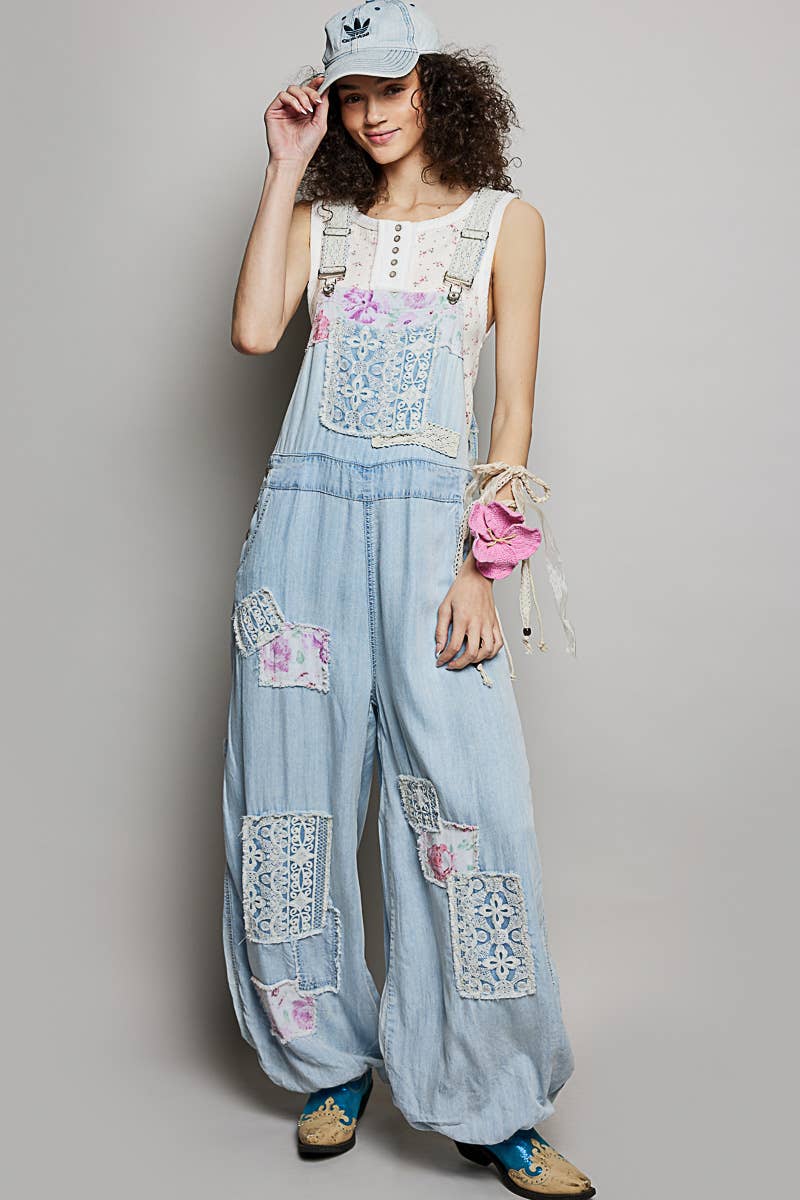 Printed Lace Patch Trim Strap Relaxed Fit Jogger Overall