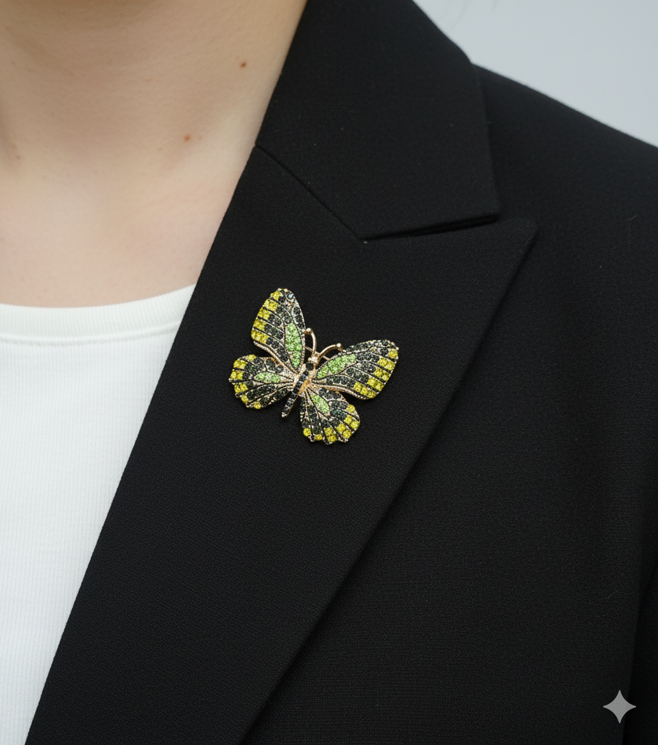 Green & Yellow Butterfly Brooch – Elegant Rhinestone Pin