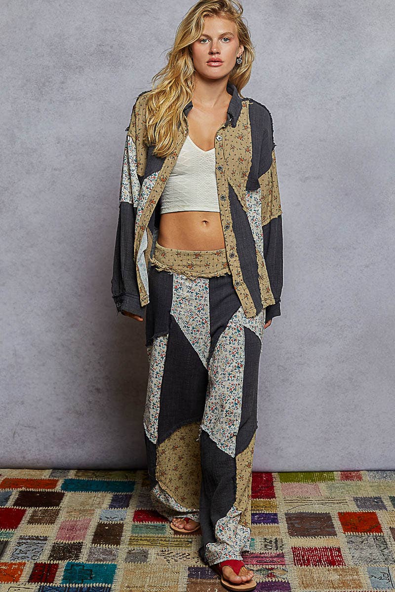 Double gauze varied printed patchwork woven pants: OLIVE or NATURAL