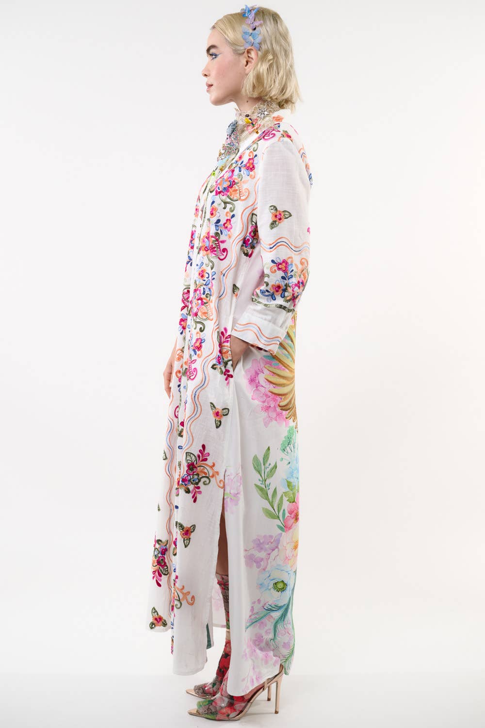Beauty Mark Embroidered Maxi Duster / Shirt Dress : White /