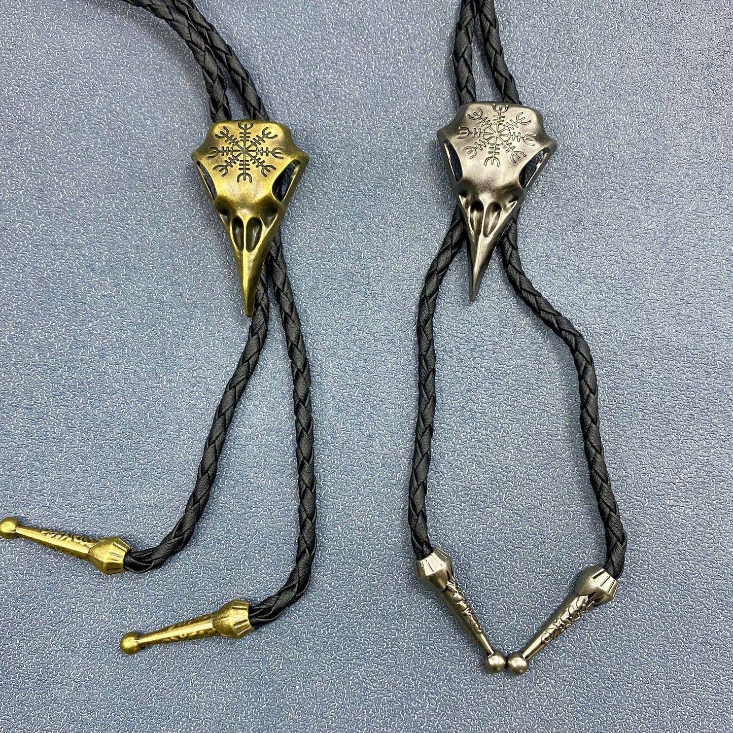 Viking Crow Skull Charm Artificial Leather Poirot Rope Bolo Necklace