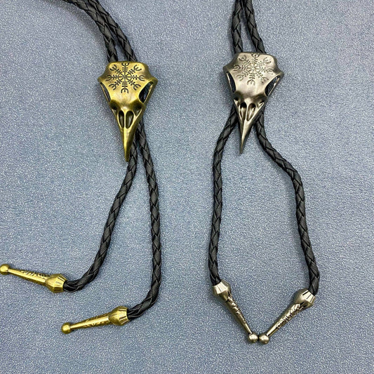 Viking Crow Skull Charm Artificial Leather Poirot Rope Bolo Necklace