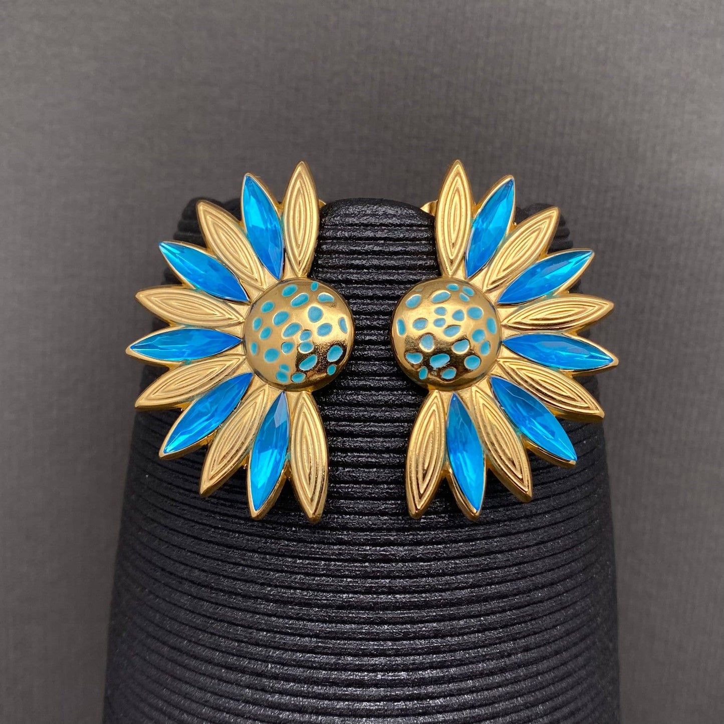 Rhinestone Inlaid Half Flower 18K Golden S.Steel Earrings - FGS