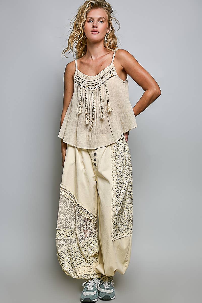 Lightweight Woven Lace Trim Tassel Detail Camisole Top