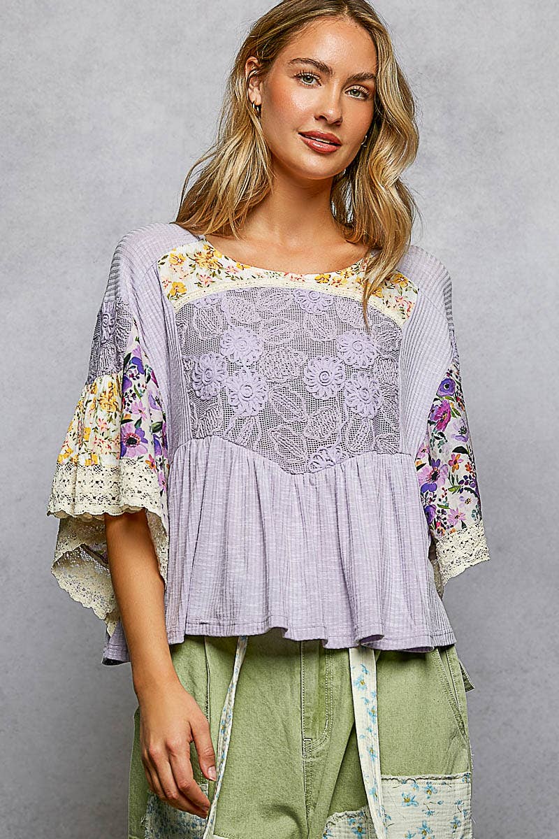 Rib Floral Pattern Round Neck Short Sleeve Top