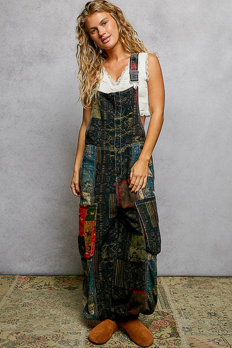 Boho Exaggerated Pocket Vintage Print Jogger Fit Overalls