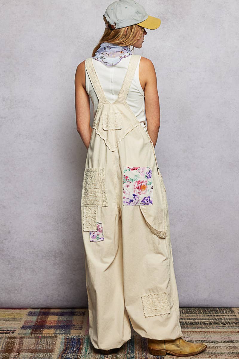 Printed Lace Patch Trim Strap Relaxed Fit Jogger Overall
