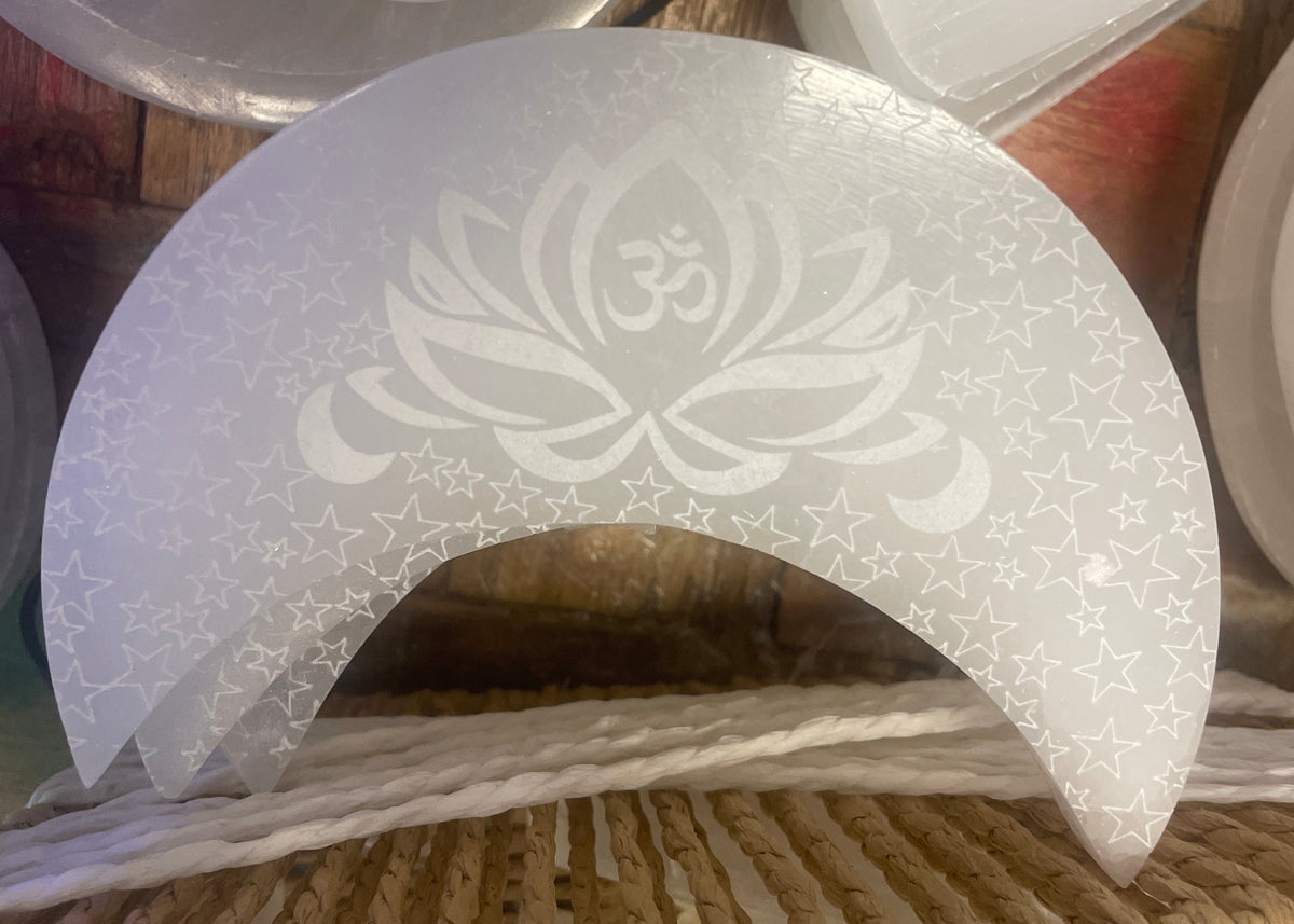 Selenite Half Moon Lotus Om Stars