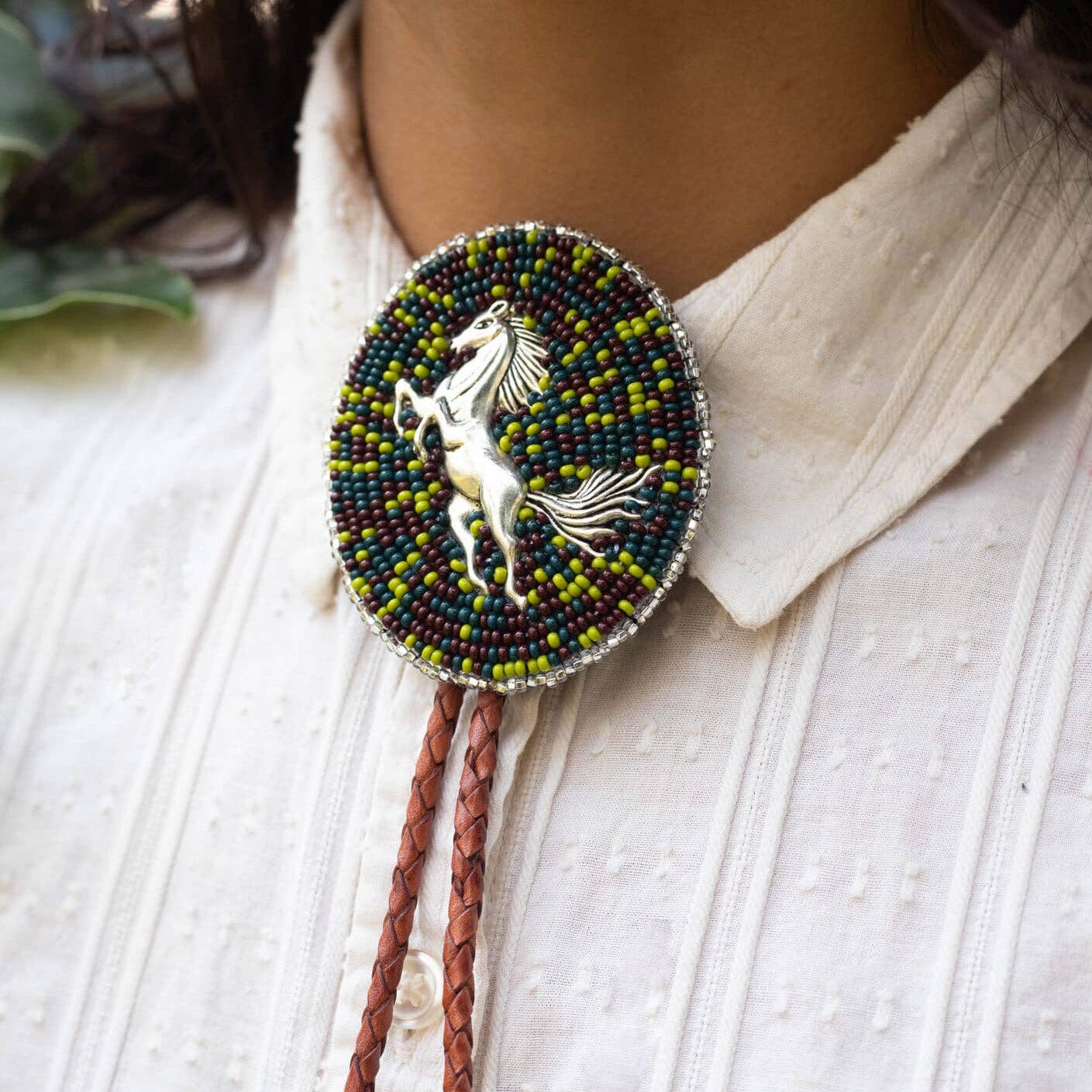 True Grit – Native Horse Bolo Tie in Earthy Green