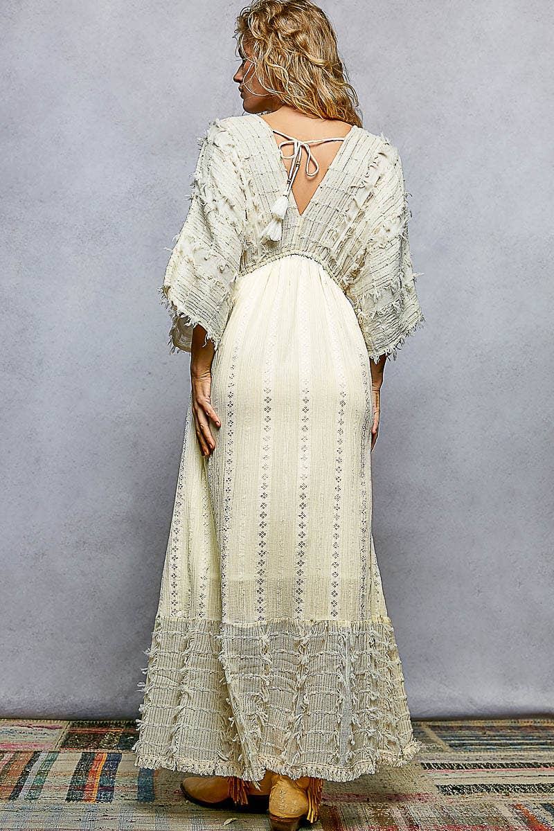 V-neck Metal Button Down Textured Linen Solid Maxi Dress