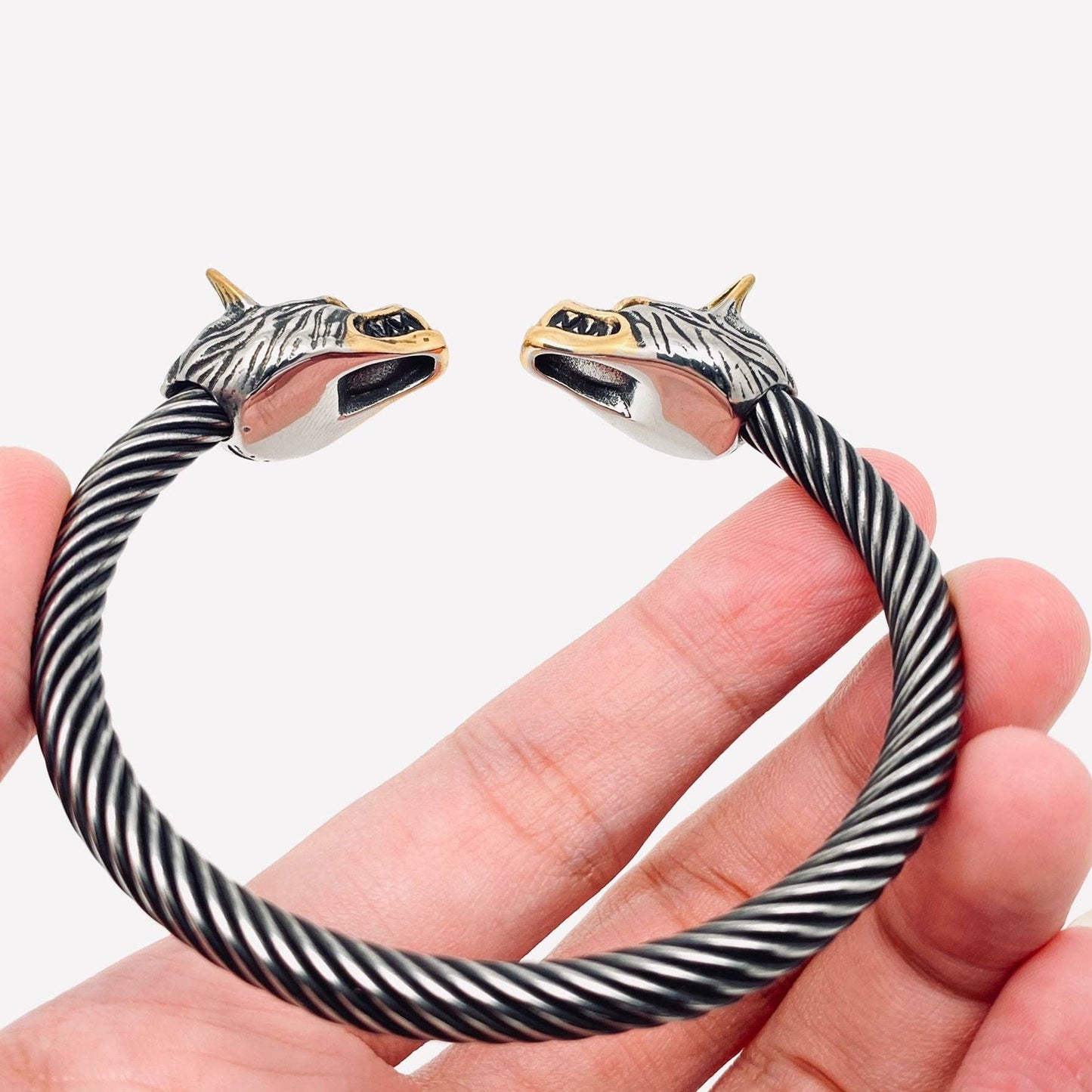 Viking Double Wolf Head Men's Stainless Steel Bangle - MJ/BC: Steel color