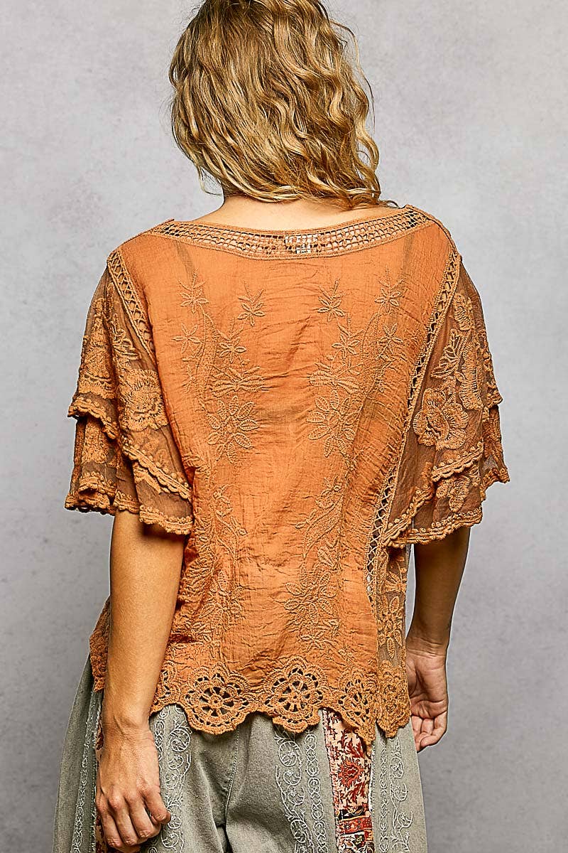V-neck Short Sleeve Crochet Trim Solid Top