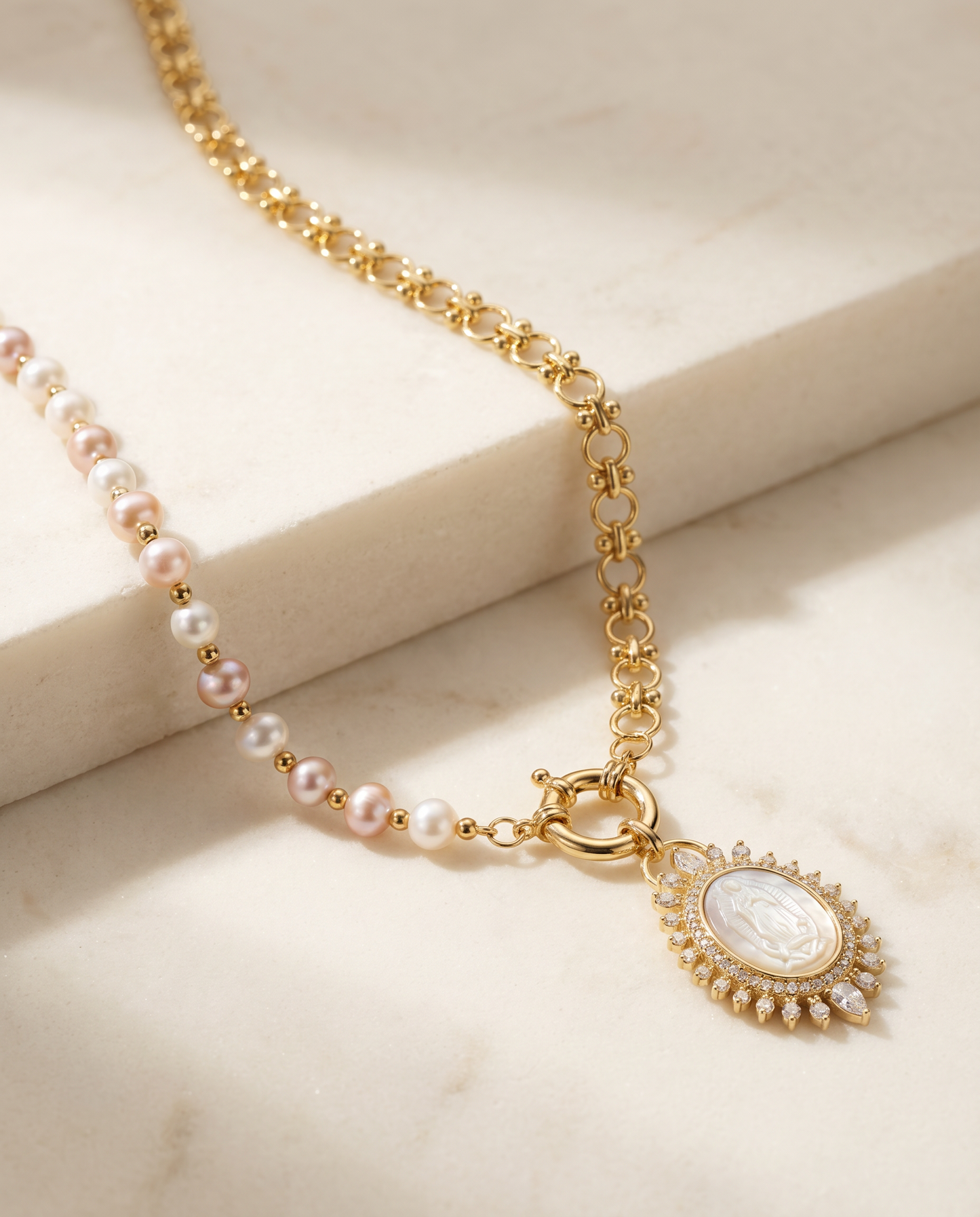 Virgin Mary Freshwater Pearl Necklace — Catholic Jewelry