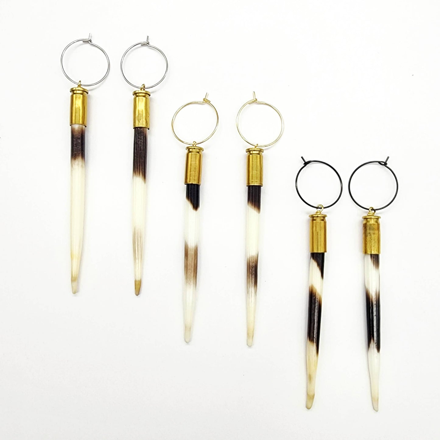 Spent Brass Bullet Casing & Porcupine Quill Earrings