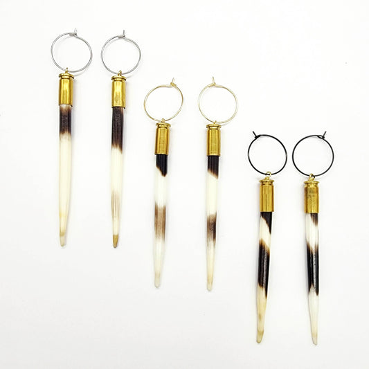 Spent Brass Bullet Casing & Porcupine Quill Earrings
