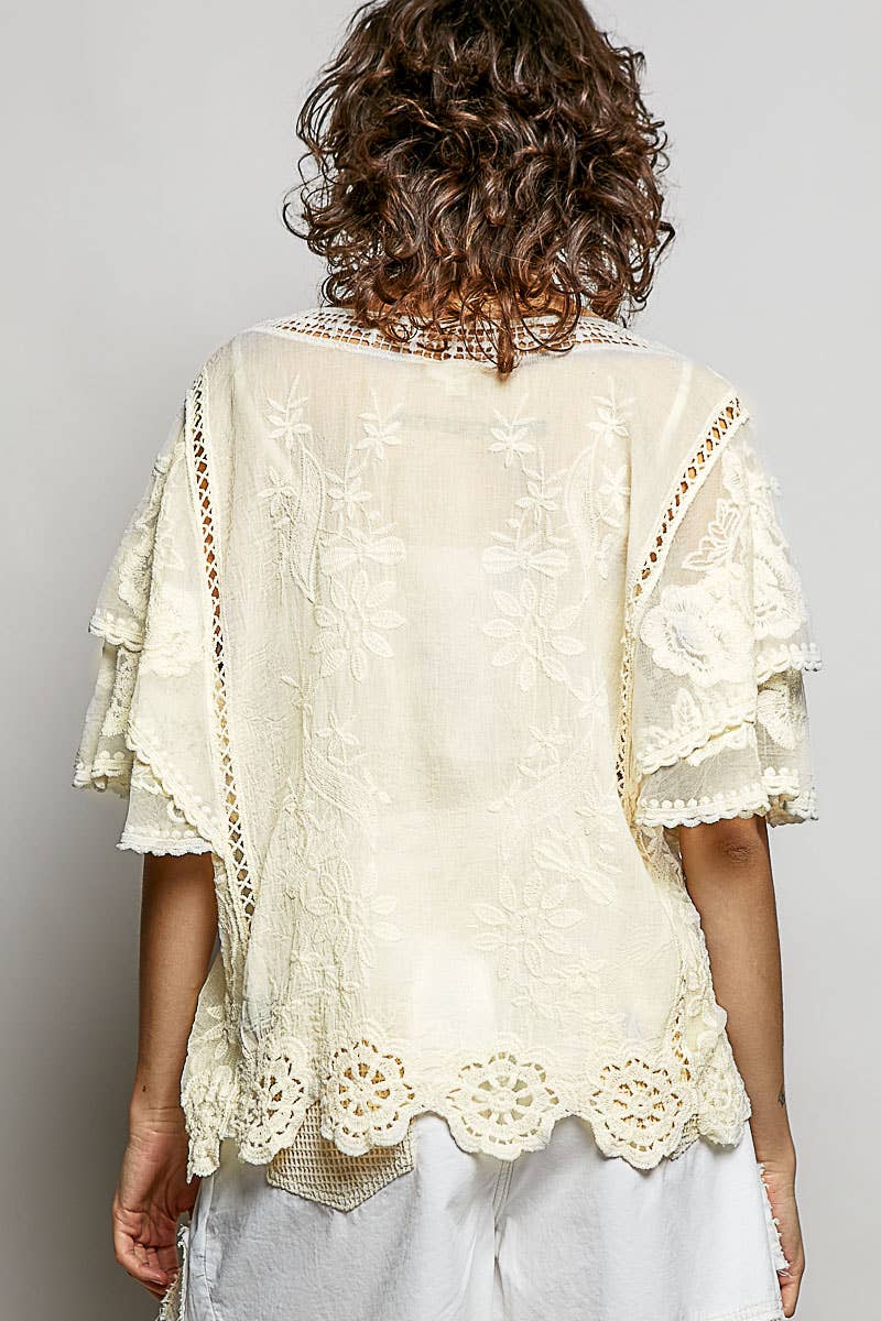 V-neck Short Sleeve Crochet Trim Solid Top