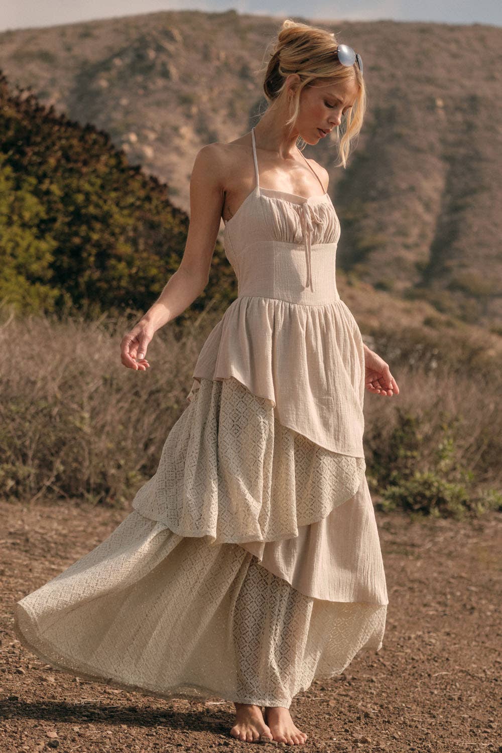 Cotton Gauze and Lace Asymmetrical Tiered Halter Maxi Dress