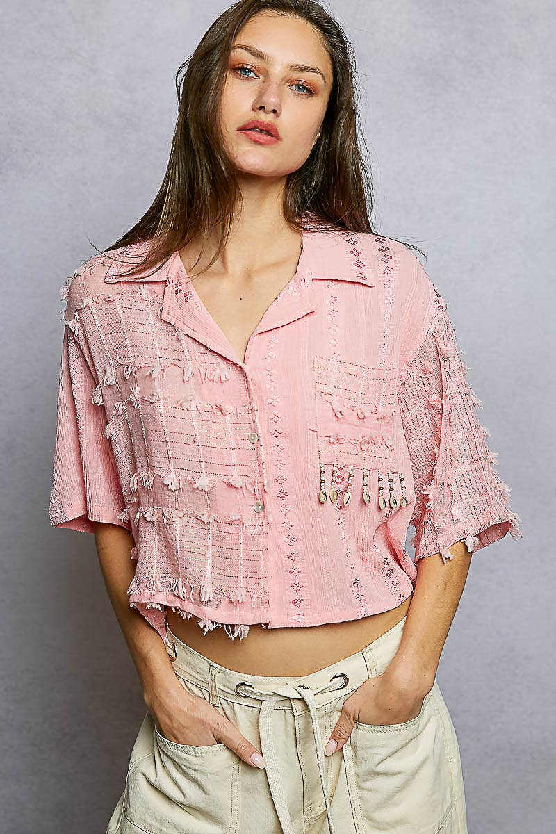 Boho Woven Texture Fringe Shell Beads Short Shirt Top