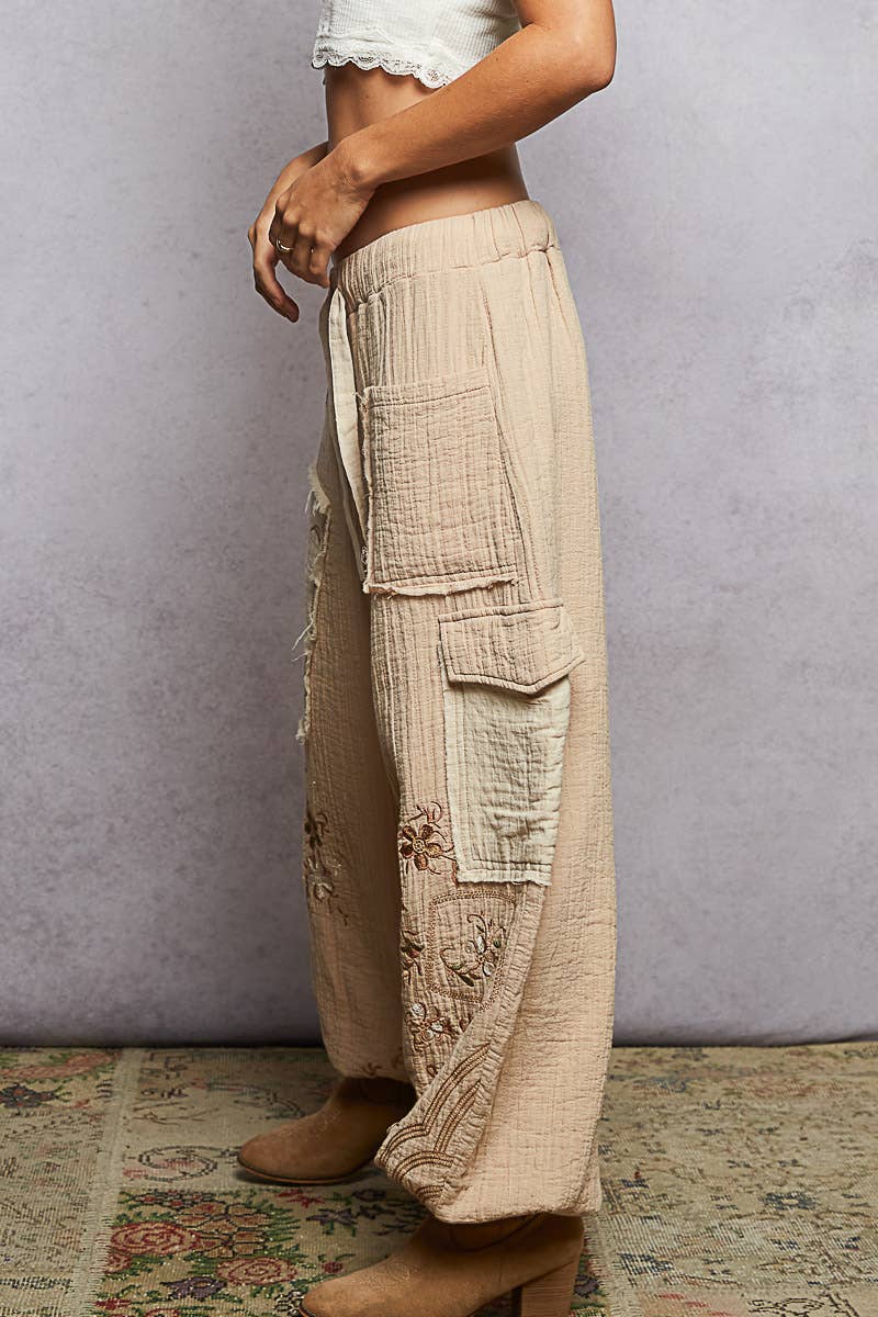 Floral Embroidered Double Gauze Cargo Pants S - L