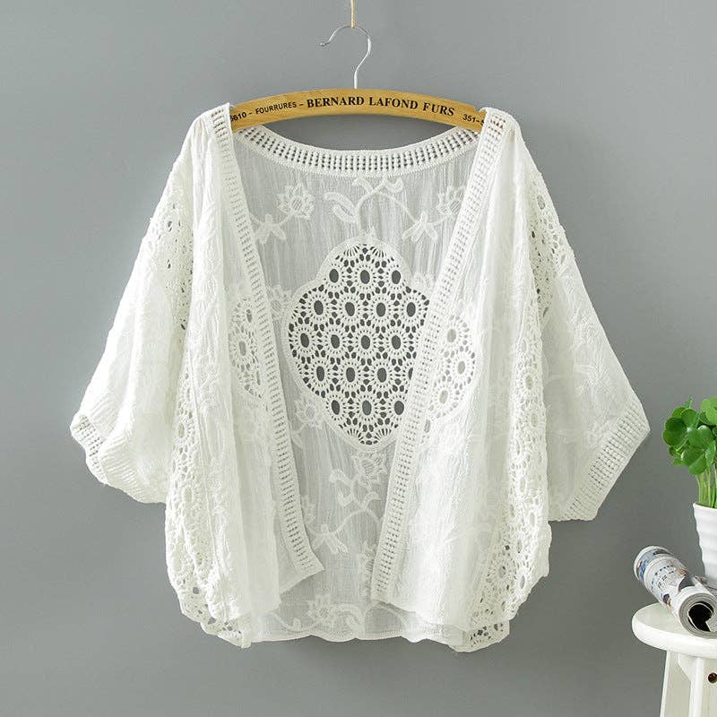 Crosa - Lace Open Front Cardigan with Batwing Sleeves: BEIGE / AVERAGE