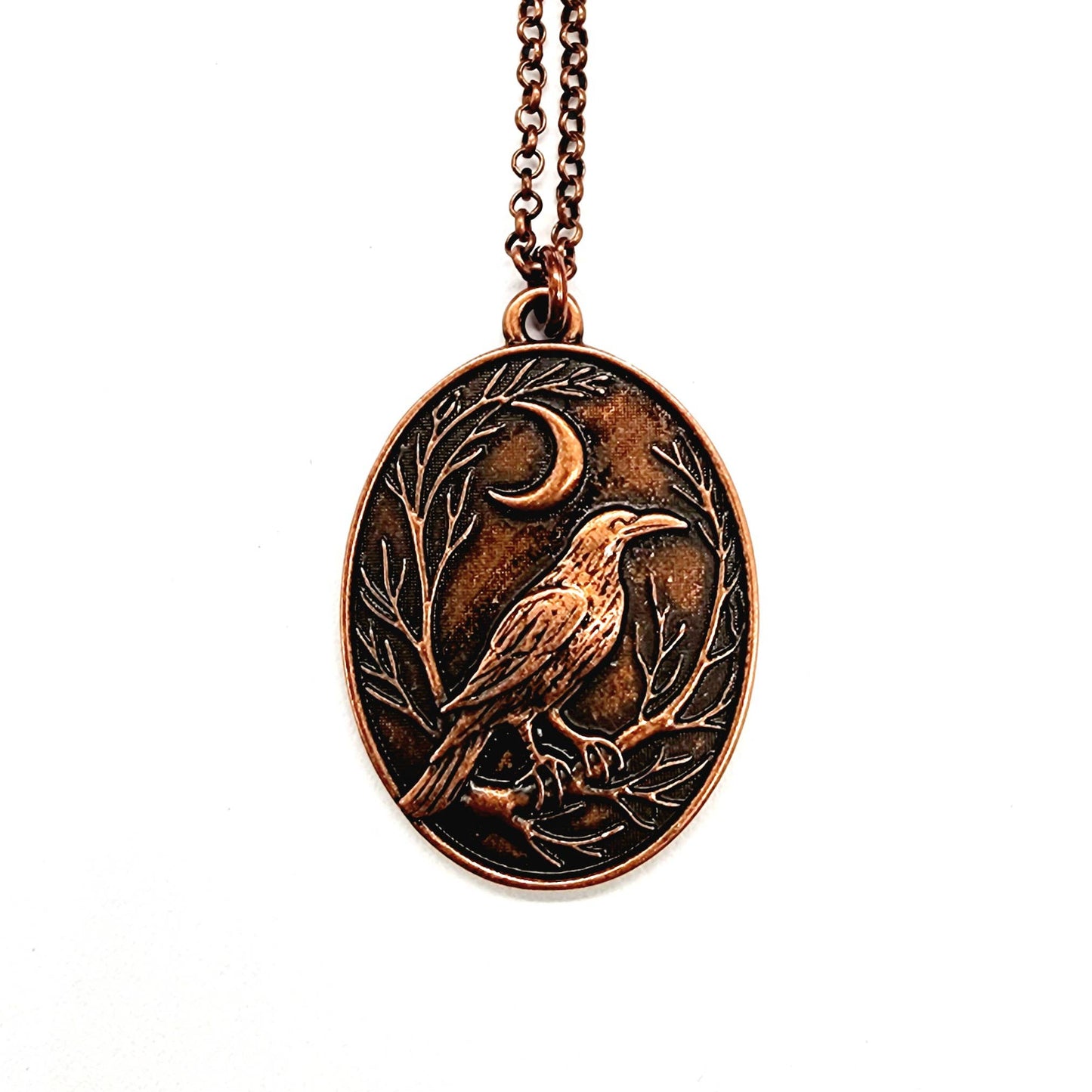 Raven and Crescent Moon Copper Pendant Necklace