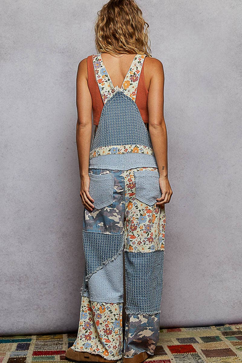 Overalls Animal/Floral Printed Frayed Edge Twill Woven overalls: DENIM S - L
