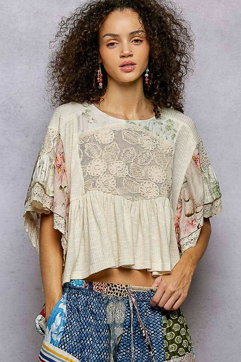 Rib Floral Pattern Round Neck Short Sleeve Top