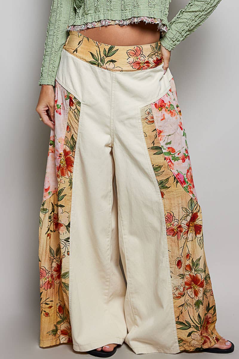 Vintage Washing Floral High Rise Wide Leg Twill Pants