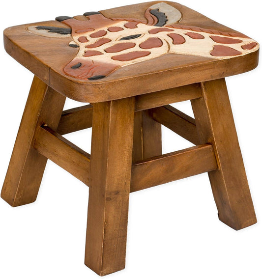 Wood Stool With Giraffe Design Hand Painted Home Decor