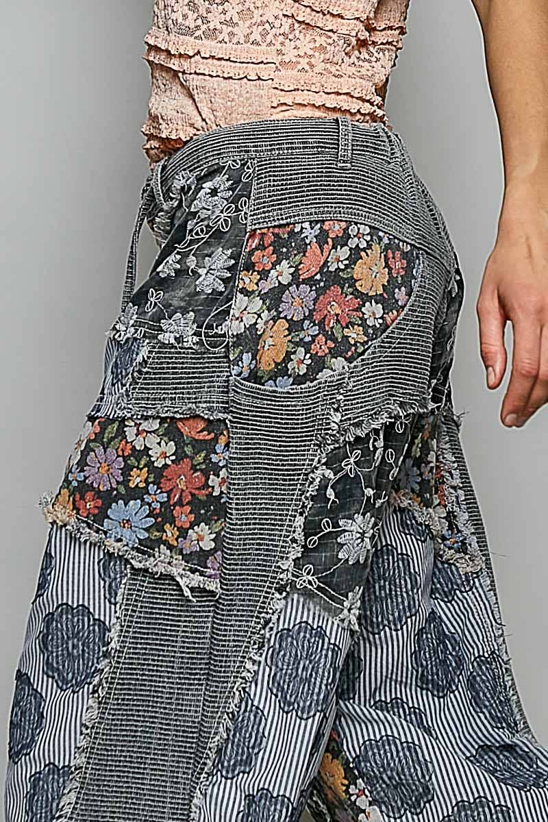 Jacquard Floral Twill Patch Waist Loop Jogger Pants