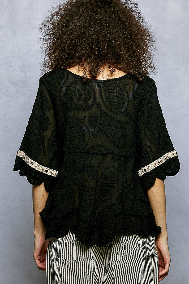 Short Sleeve Adjustable Drawstring Crochet V Neck Top